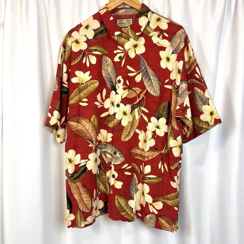 Jamaica Jaxx 100% Silk Hawaiian Shirt Men’s L Red Floral Aloha Boho
